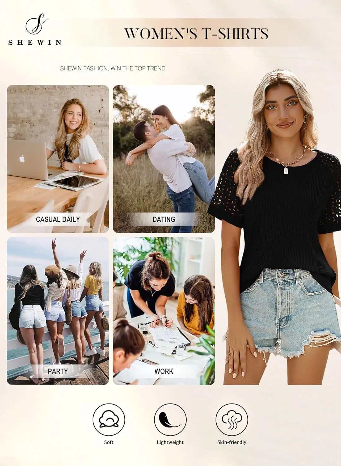 SHEWIN Women's Waffle Knit Tops Casual Crew Neck Hollow Out Raglan Short Sleeve Summer T-Shirts Blouses