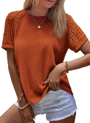 SHEWIN Women's Waffle Knit Tops Casual Crew Neck Hollow Out Raglan Short Sleeve Summer T-Shirts Blouses