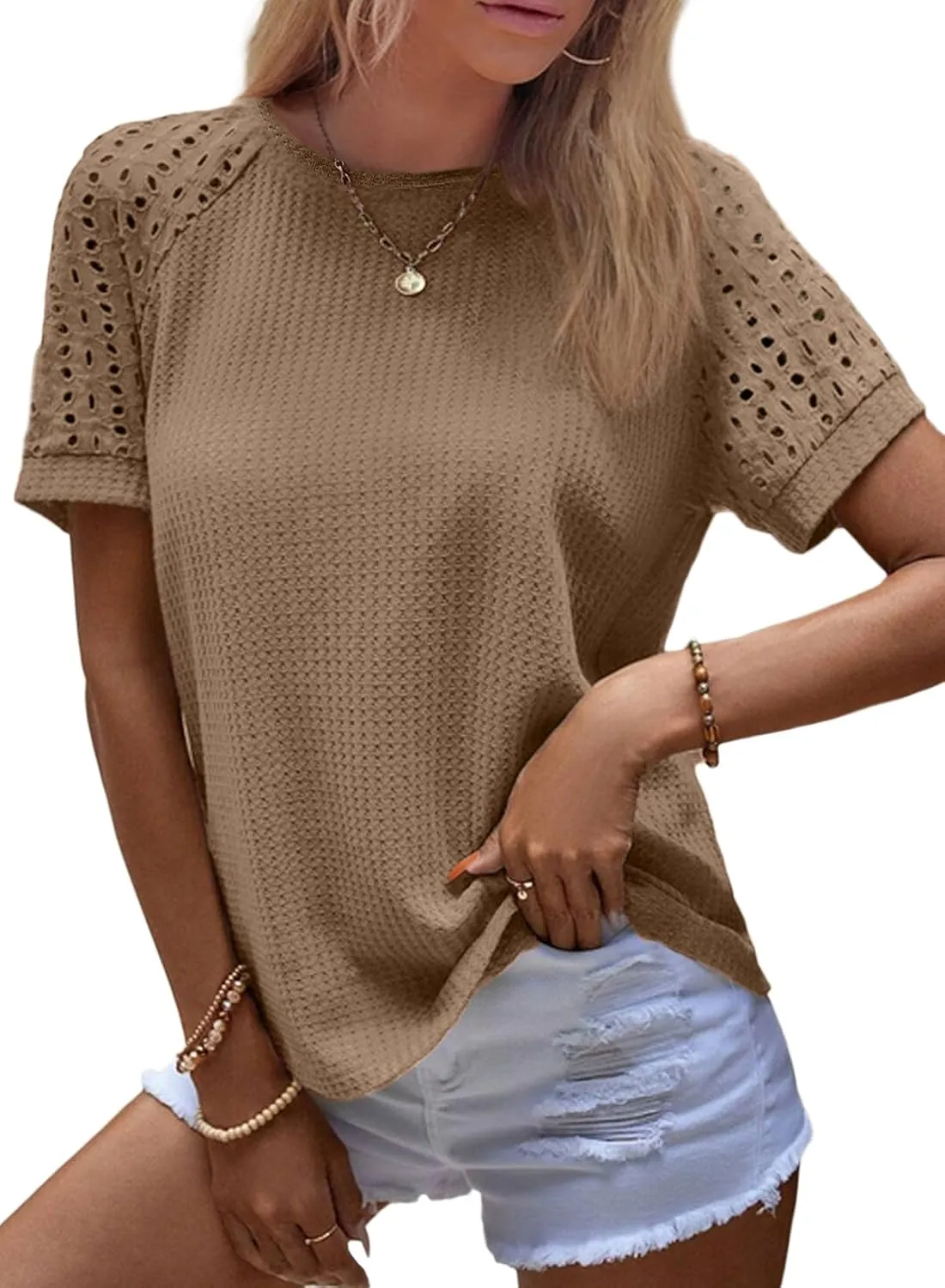 SHEWIN Women's Waffle Knit Tops Casual Crew Neck Hollow Out Raglan Short Sleeve Summer T-Shirts Blouses