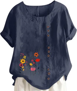 Short Sleeve Shirts for Women Fashion Flower Print Relaxed Fitted Crewneck Loose Size Tops Causal Lightweight Blouse