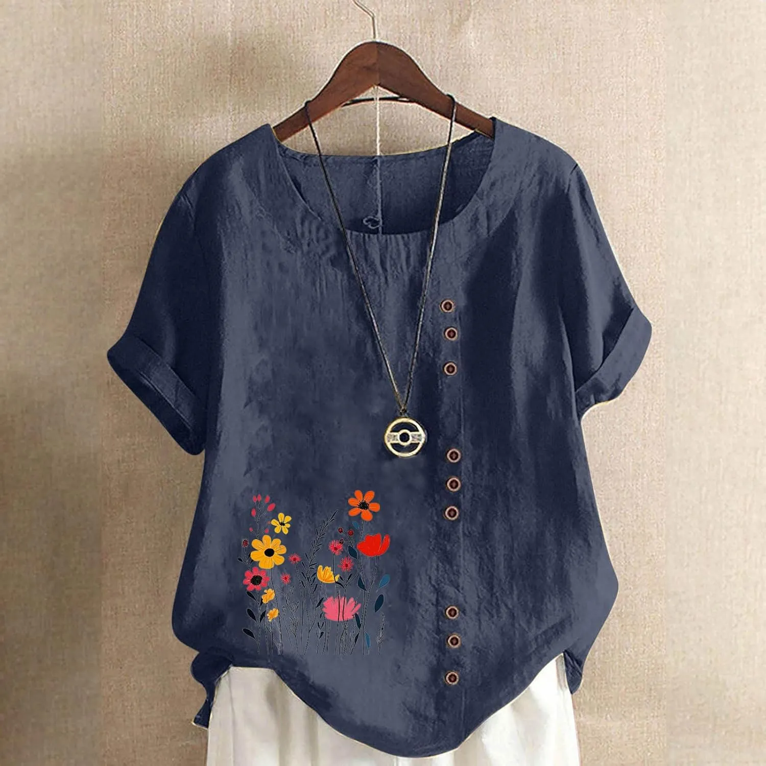 Short Sleeve Shirts for Women Fashion Flower Print Relaxed Fitted Crewneck Loose Size Tops Causal Lightweight Blouse