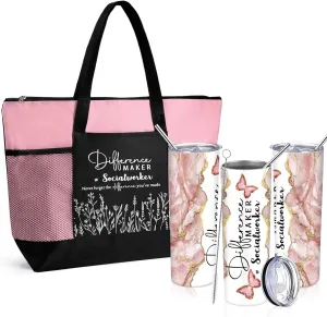 Sieral Social Worker Appreciation Graduation Gifts 20 oz Tumbler with Straw and Brush and Tote Bag for Women School Counselor Intern Employee Coworker Volunteer Nurse Week 2025(Pink)