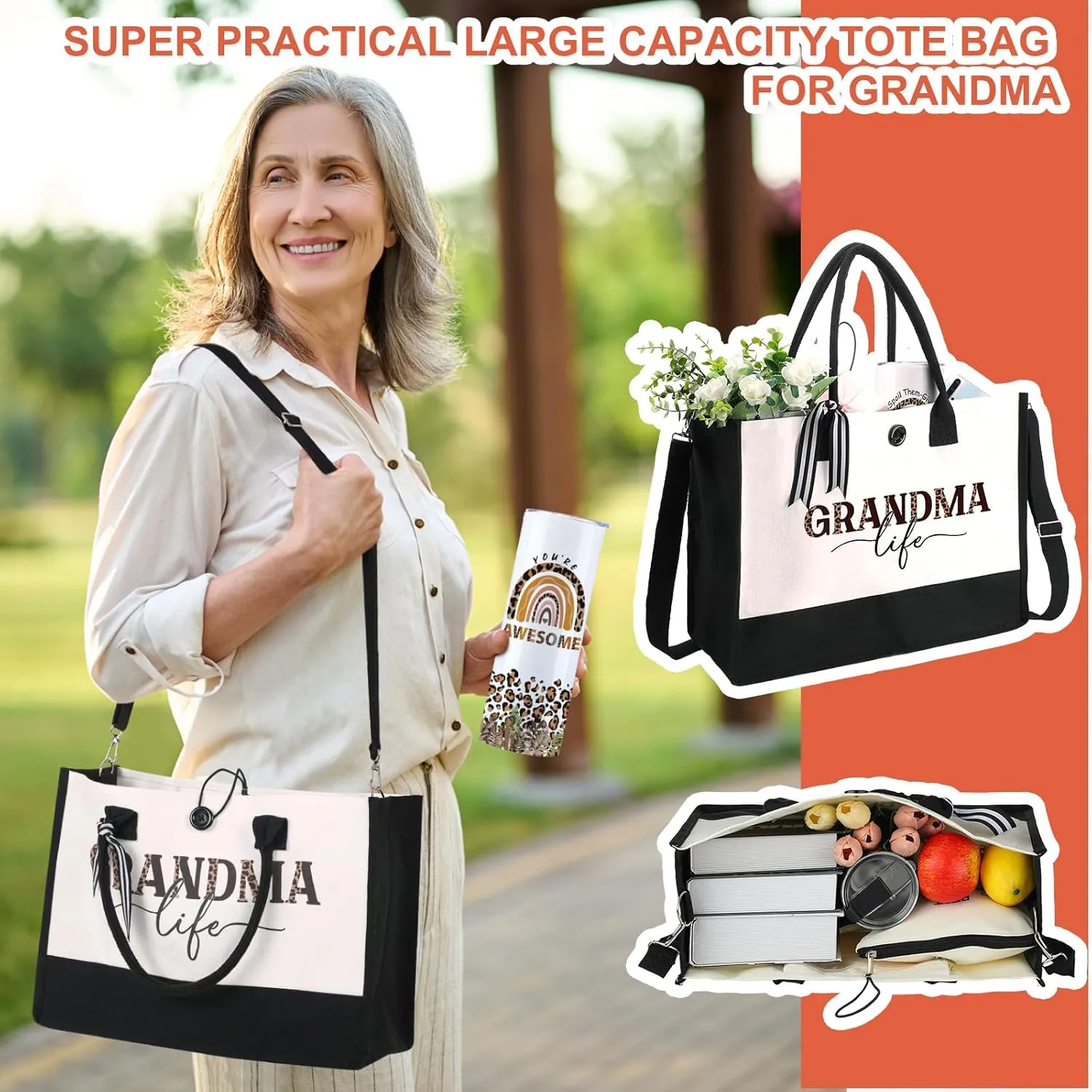 Silkfly 3 Pcs Grandma Life Set for Women Mothers Day Birthday Gifts Stainless Steel Tumbler Canvas Tote Bag for Friend Family Coworker