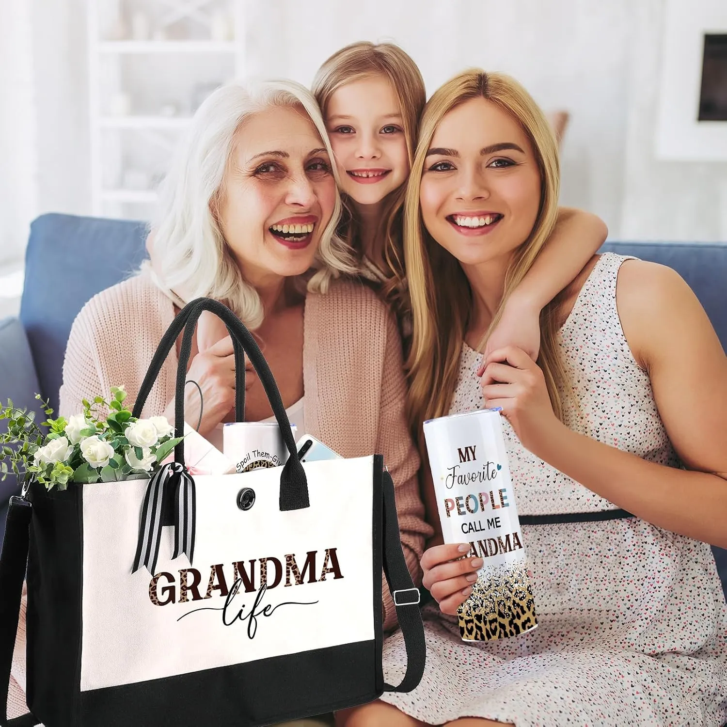 Silkfly 3 Pcs Grandma Life Set for Women Mothers Day Birthday Gifts Stainless Steel Tumbler Canvas Tote Bag for Friend Family Coworker