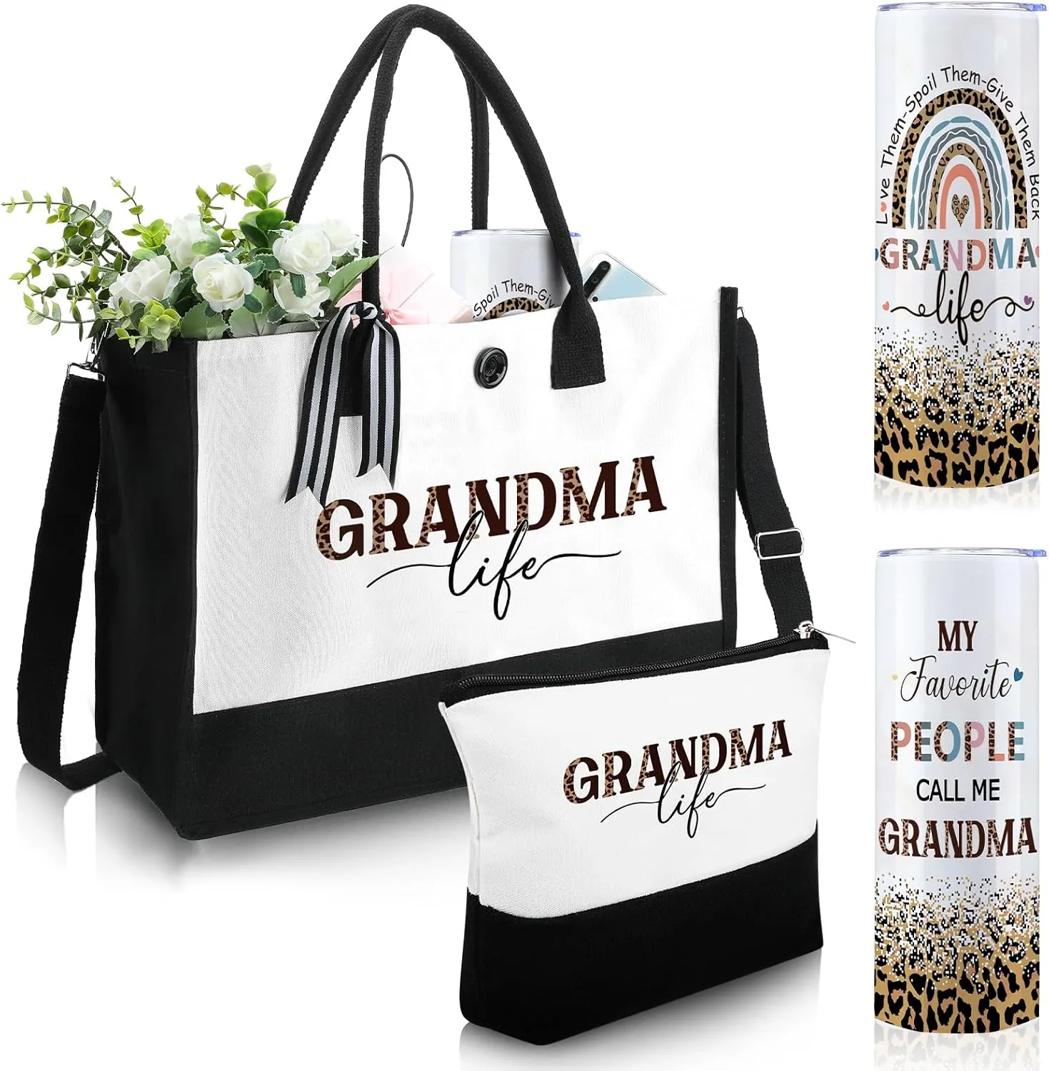Silkfly 3 Pcs Grandma Life Set for Women Mothers Day Birthday Gifts Stainless Steel Tumbler Canvas Tote Bag for Friend Family Coworker