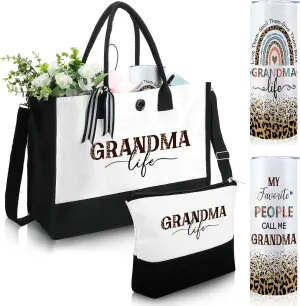 Silkfly 3 Pcs Grandma Life Set for Women Mothers Day Birthday Gifts Stainless Steel Tumbler Canvas Tote Bag for Friend Family Coworker