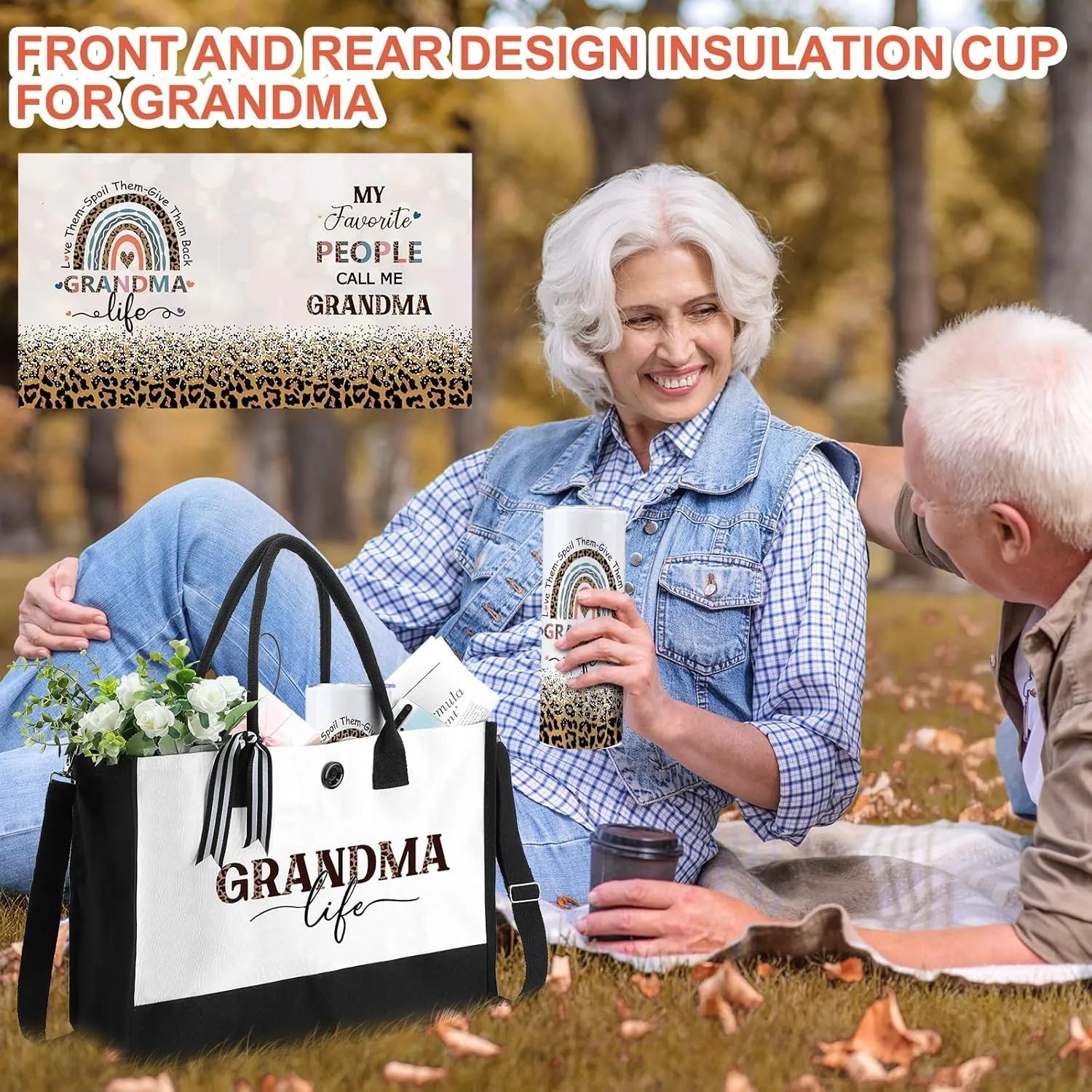 Silkfly 3 Pcs Grandma Life Set for Women Mothers Day Birthday Gifts Stainless Steel Tumbler Canvas Tote Bag for Friend Family Coworker