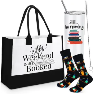 Silkfly 3 Sets Book Lovers Gifts Book Themed Canvas Tote Bag 20 oz Stainless Steel Insulated Tumbler Novelty Socks Club Library Gifts for Librarians Women Men Bookworm Students Teacher Reader