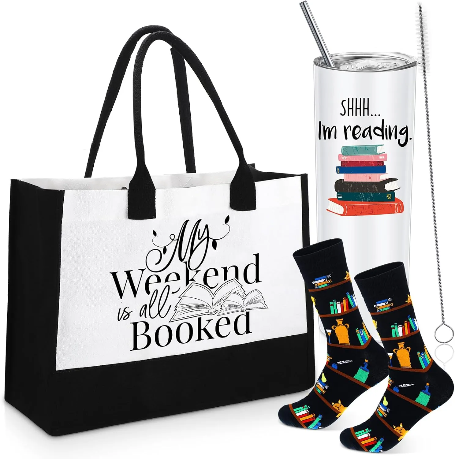 Silkfly 3 Sets Book Lovers Gifts Book Themed Canvas Tote Bag 20 oz Stainless Steel Insulated Tumbler Novelty Socks Club Library Gifts for Librarians Women Men Bookworm Students Teacher Reader