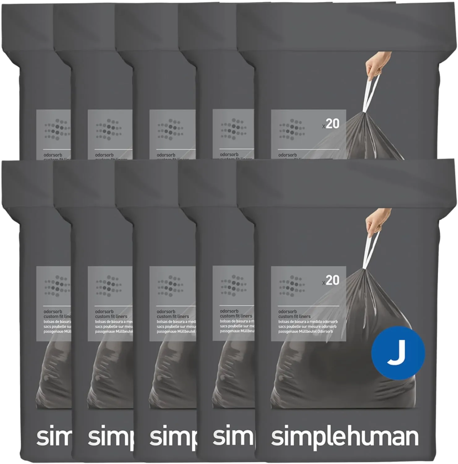 simplehuman Code J 200 Count, Genuine Odorsorb Custom Fit Liners, Drawstring Odor Absorbing Trash Bags in Dispenser Packs, 30-45 Liter / 8-12 Gallon
