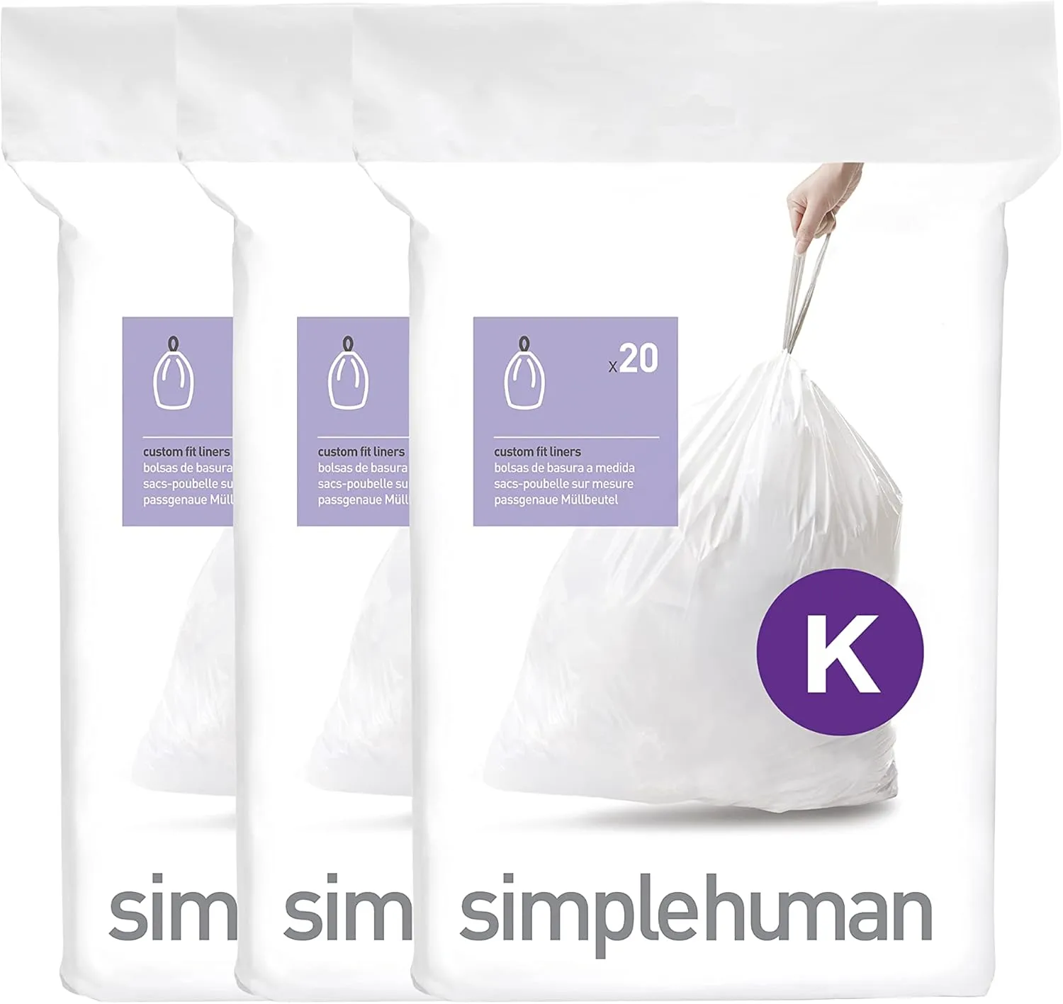 simplehuman Code K 60 Liners, 50% Recycled Custom Fit Bin Bags in Dispenser Packs with Durable Drawstring Tie Handle, 35-45L, White