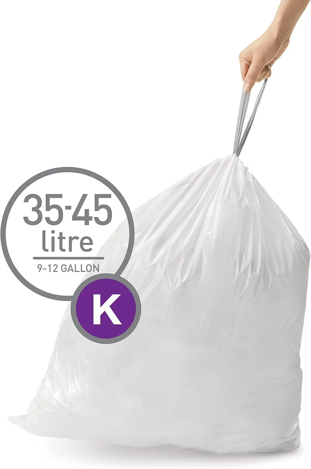 simplehuman Code K 60 Liners, 50% Recycled Custom Fit Bin Bags in Dispenser Packs with Durable Drawstring Tie Handle, 35-45L, White