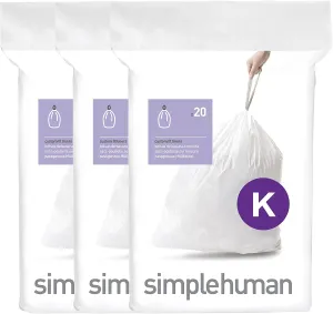 simplehuman Code K 60 Liners, 50% Recycled Custom Fit Bin Bags in Dispenser Packs with Durable Drawstring Tie Handle, 35-45L, White