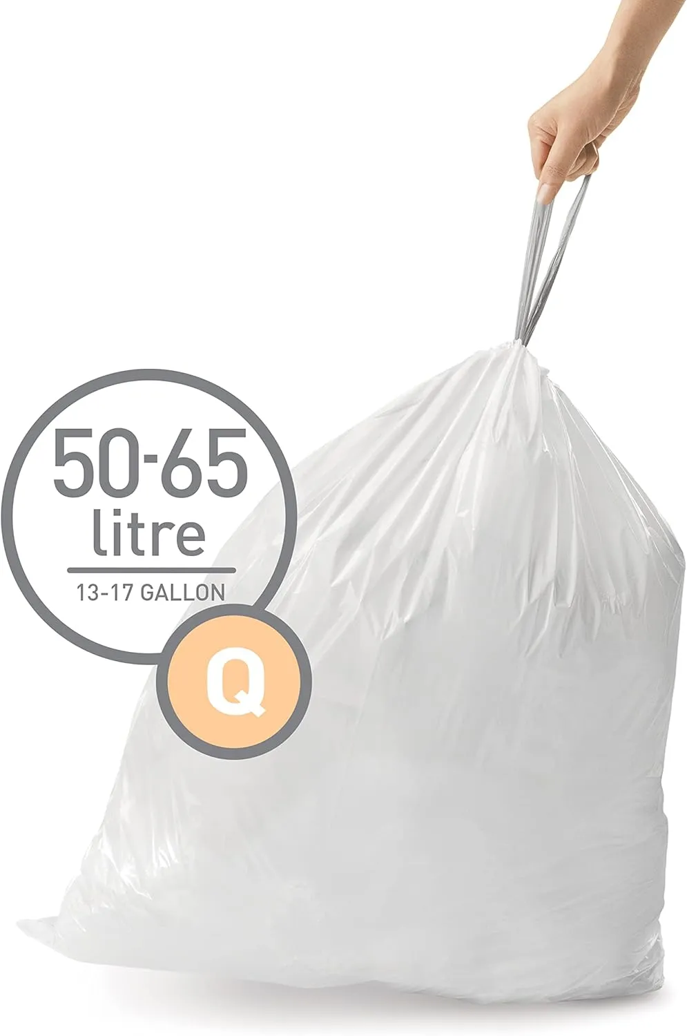 simplehuman Code Q 100 Count, Genuine Custom Fit Liners, Drawstring Trash Bags in Dispenser Packs, 50-65 Liter / 13-17 Gallon, White