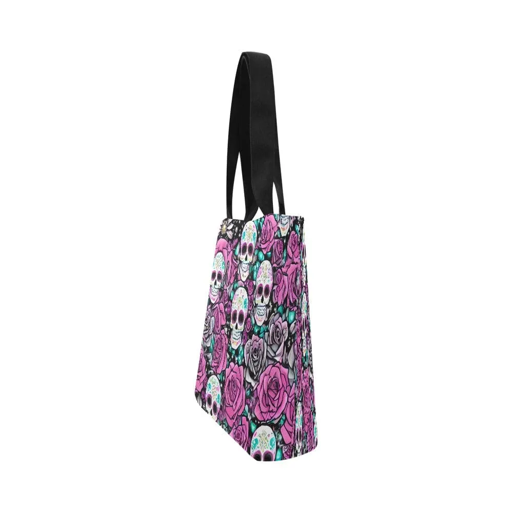 Skull Pink Floral Canvas Tote Bag