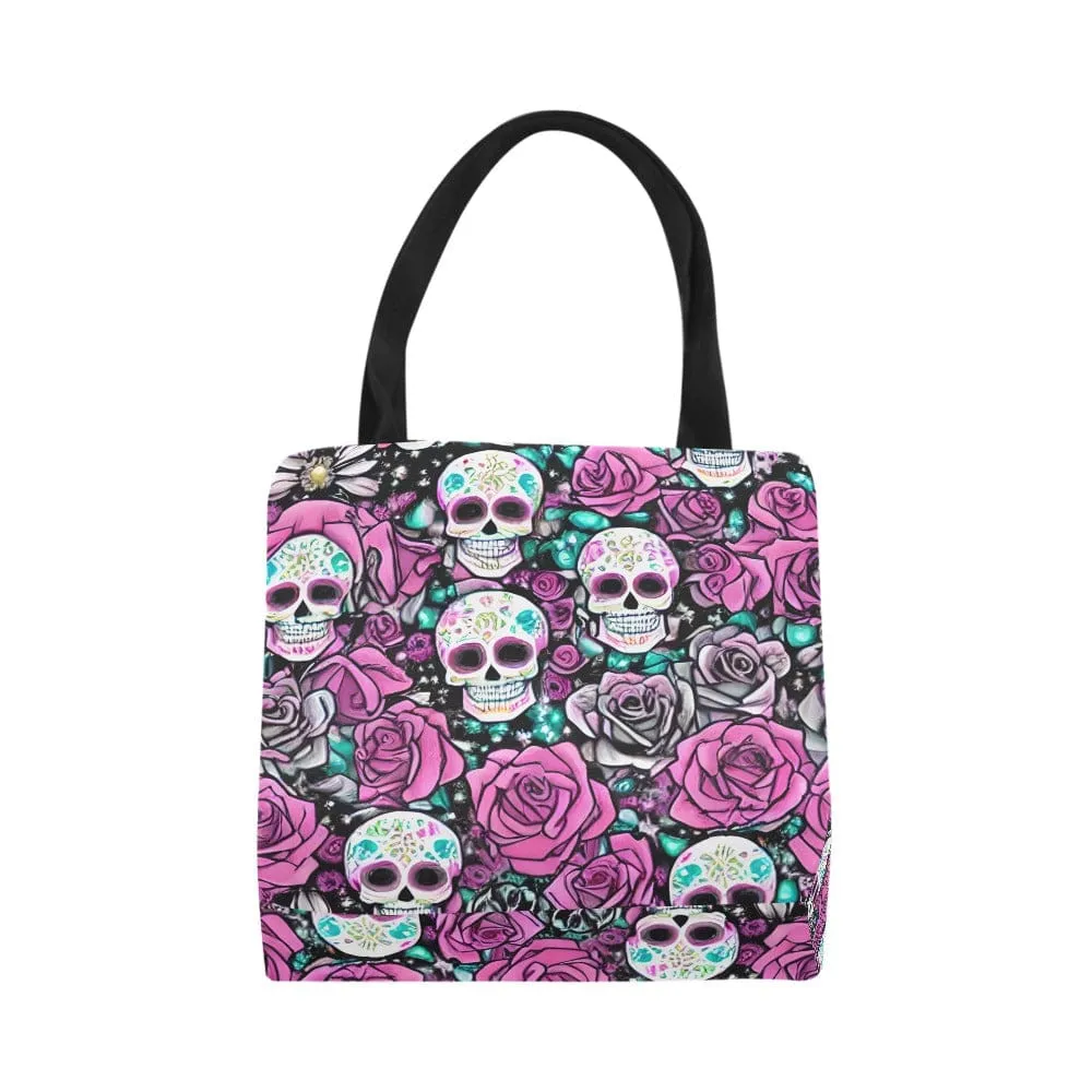 Skull Pink Floral Canvas Tote Bag