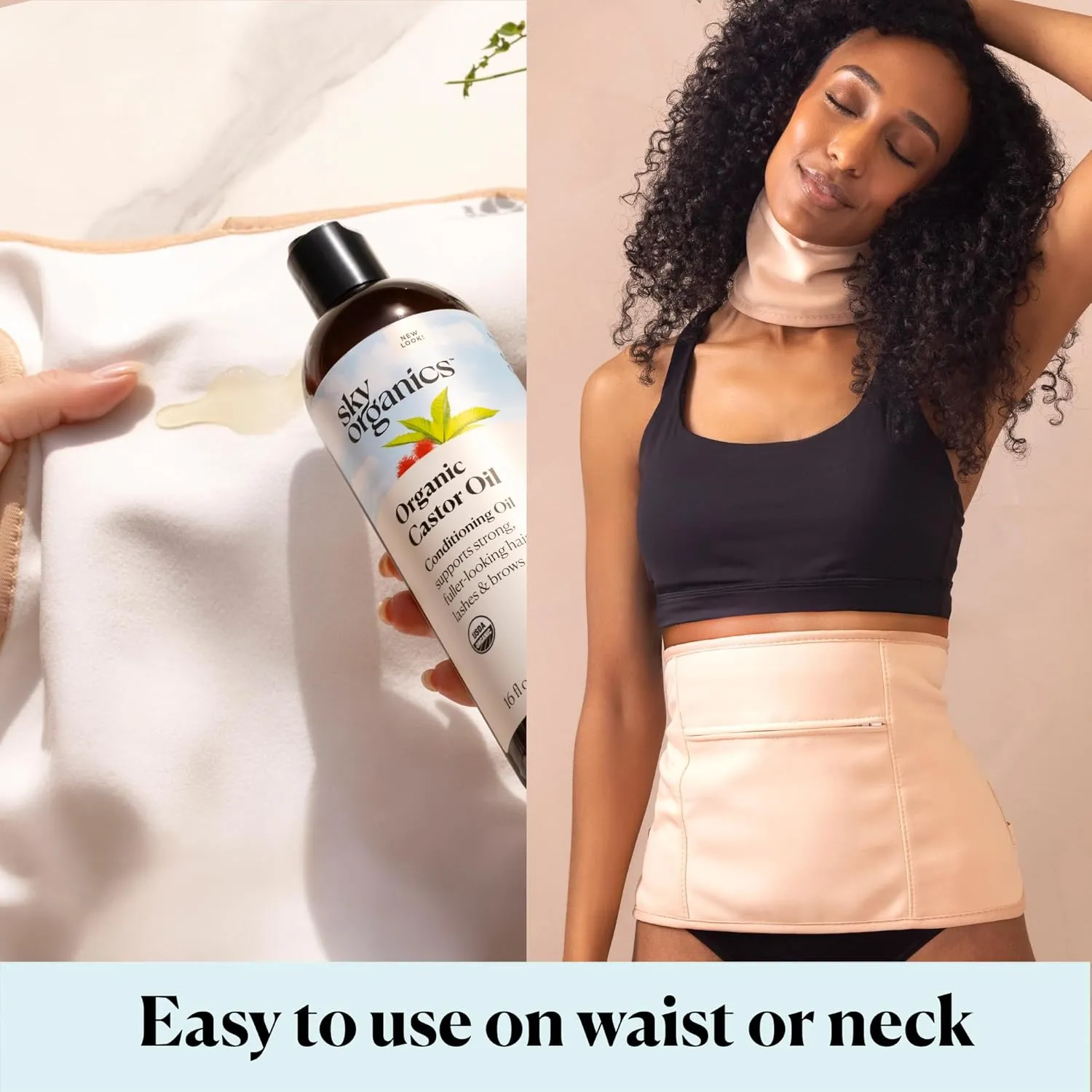 Sky Organics 16oz Castor Oil w/Wraps | Reusable Organic Castor Oil Pack to Boost Body's Wellness, Encourage Rest & Relaxation | Adjustable Elastic Straps Cotton Durable Easy to Use