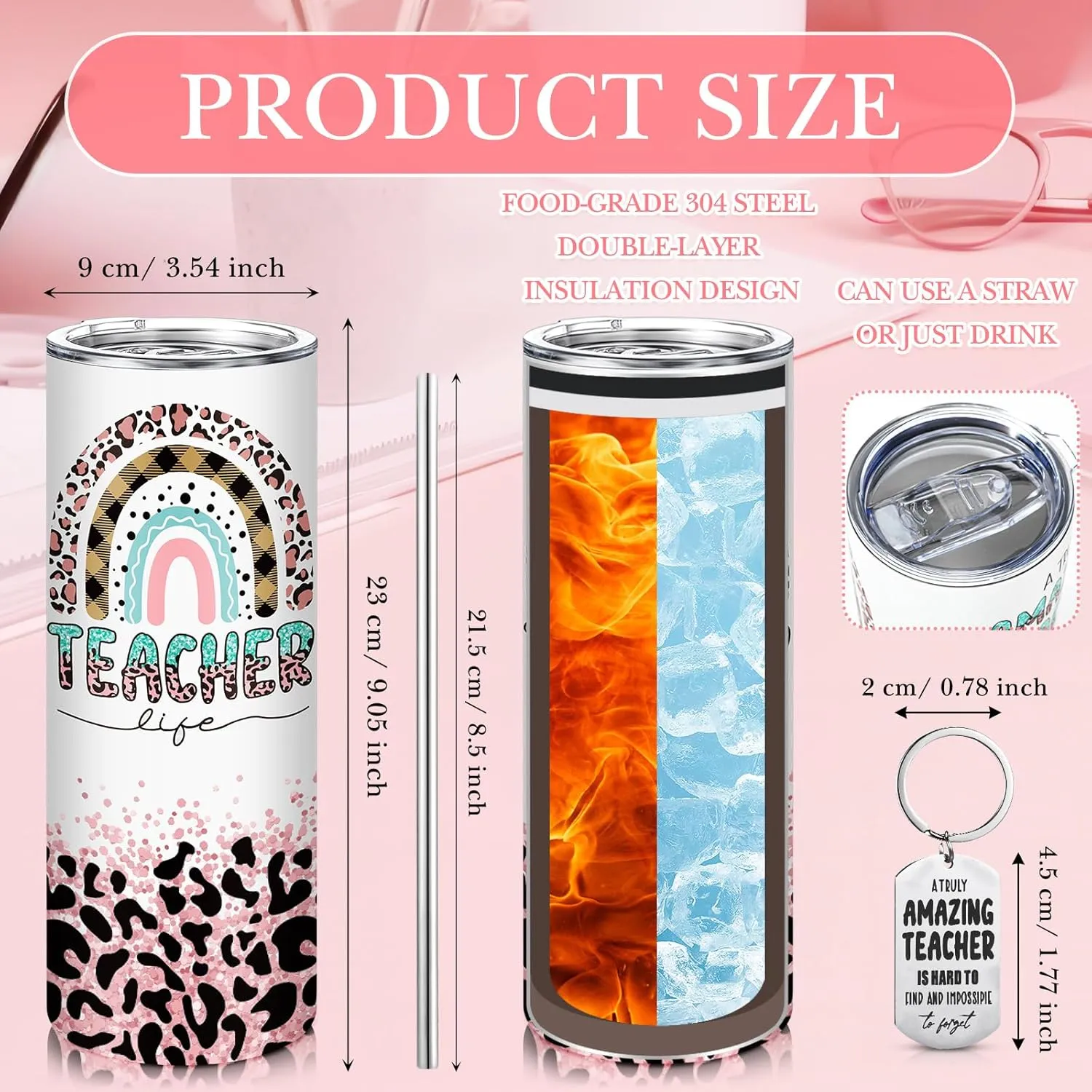 Sliner 4 Pcs Teacher Appreciation Gifts for Christmas Tote Bag for Women Teacher 20 oz Insulated Tumbler Makeup Bag Keychain