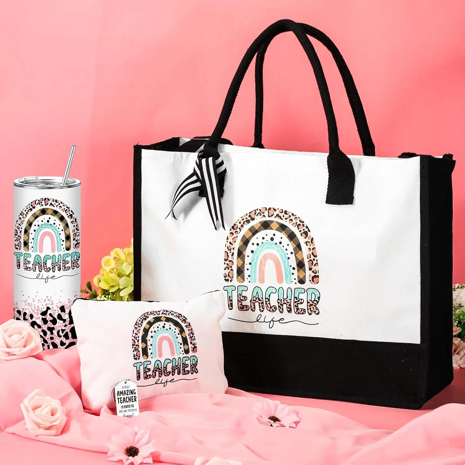 Sliner 4 Pcs Teacher Appreciation Gifts for Christmas Tote Bag for Women Teacher 20 oz Insulated Tumbler Makeup Bag Keychain