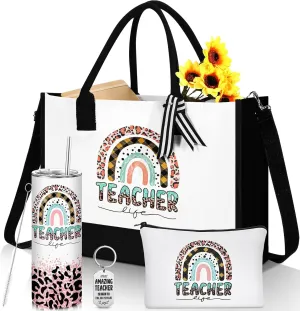 Sliner 4 Pcs Teacher Appreciation Gifts for Christmas Tote Bag for Women Teacher 20 oz Insulated Tumbler Makeup Bag Keychain
