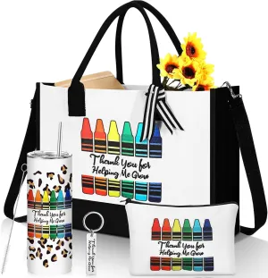 Sliner 4 Pcs Teacher Appreciation Gifts for Christmas Tote Bag for Women Teacher 20 oz Insulated Tumbler Makeup Bag Keychain