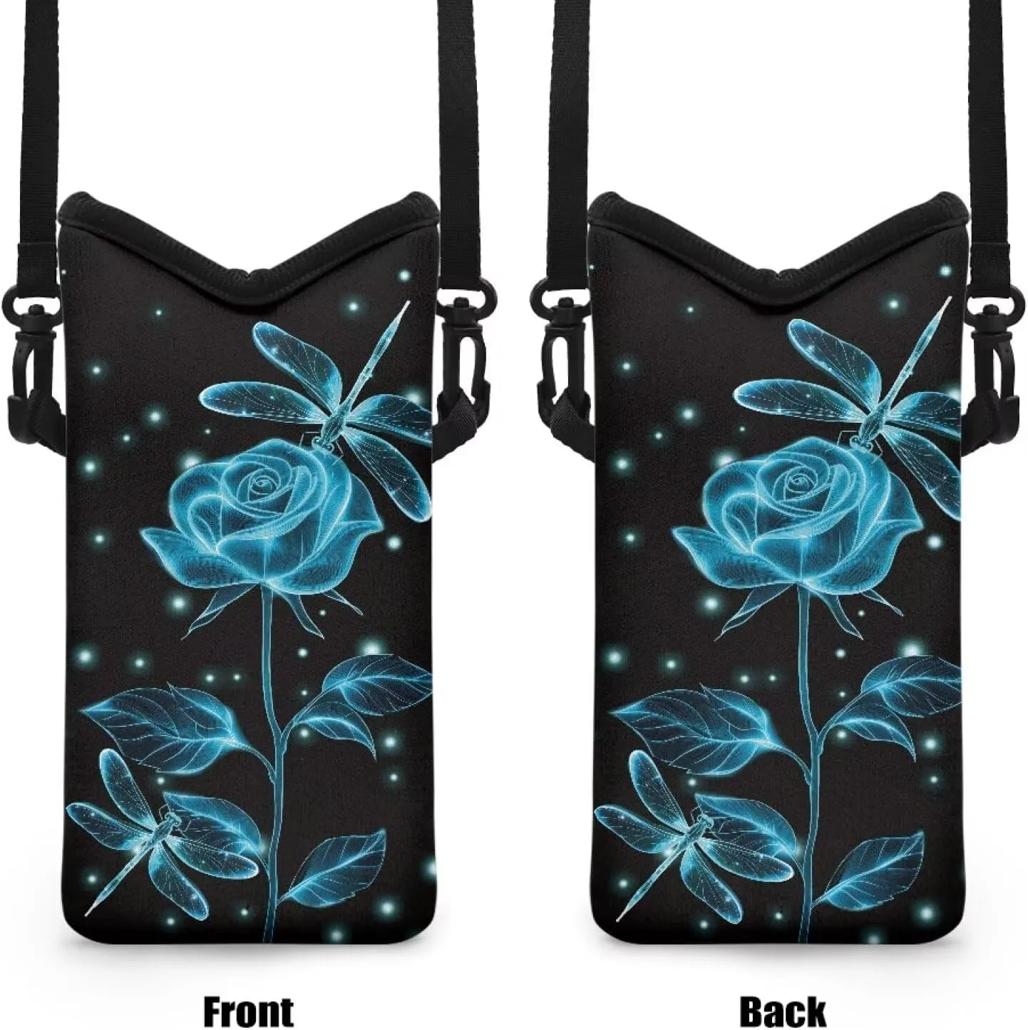 Small Cell Phone Purse Crossbody Bags for Women Men Water-Resistant Neoprene Lightweight Phone Bag Case for Cellphone, Keys, Earphone, Cashes, 8 x 4 inch, Rose Dragonfly Black