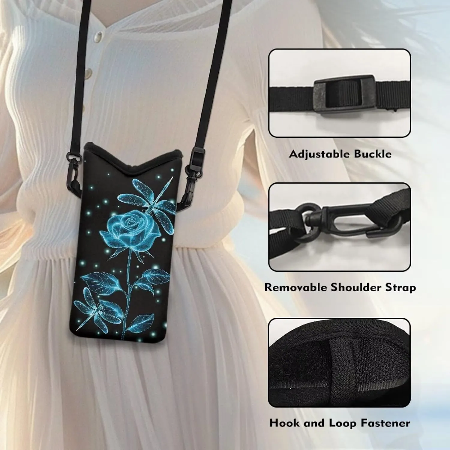 Small Cell Phone Purse Crossbody Bags for Women Men Water-Resistant Neoprene Lightweight Phone Bag Case for Cellphone, Keys, Earphone, Cashes, 8 x 4 inch, Rose Dragonfly Black