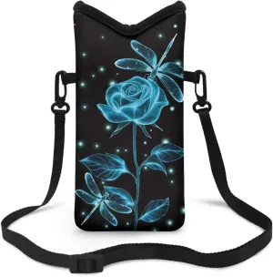 Small Cell Phone Purse Crossbody Bags for Women Men Water-Resistant Neoprene Lightweight Phone Bag Case for Cellphone, Keys, Earphone, Cashes, 8 x 4 inch, Rose Dragonfly Black