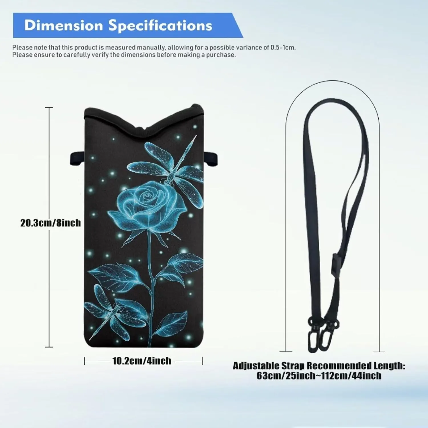 Small Cell Phone Purse Crossbody Bags for Women Men Water-Resistant Neoprene Lightweight Phone Bag Case for Cellphone, Keys, Earphone, Cashes, 8 x 4 inch, Rose Dragonfly Black