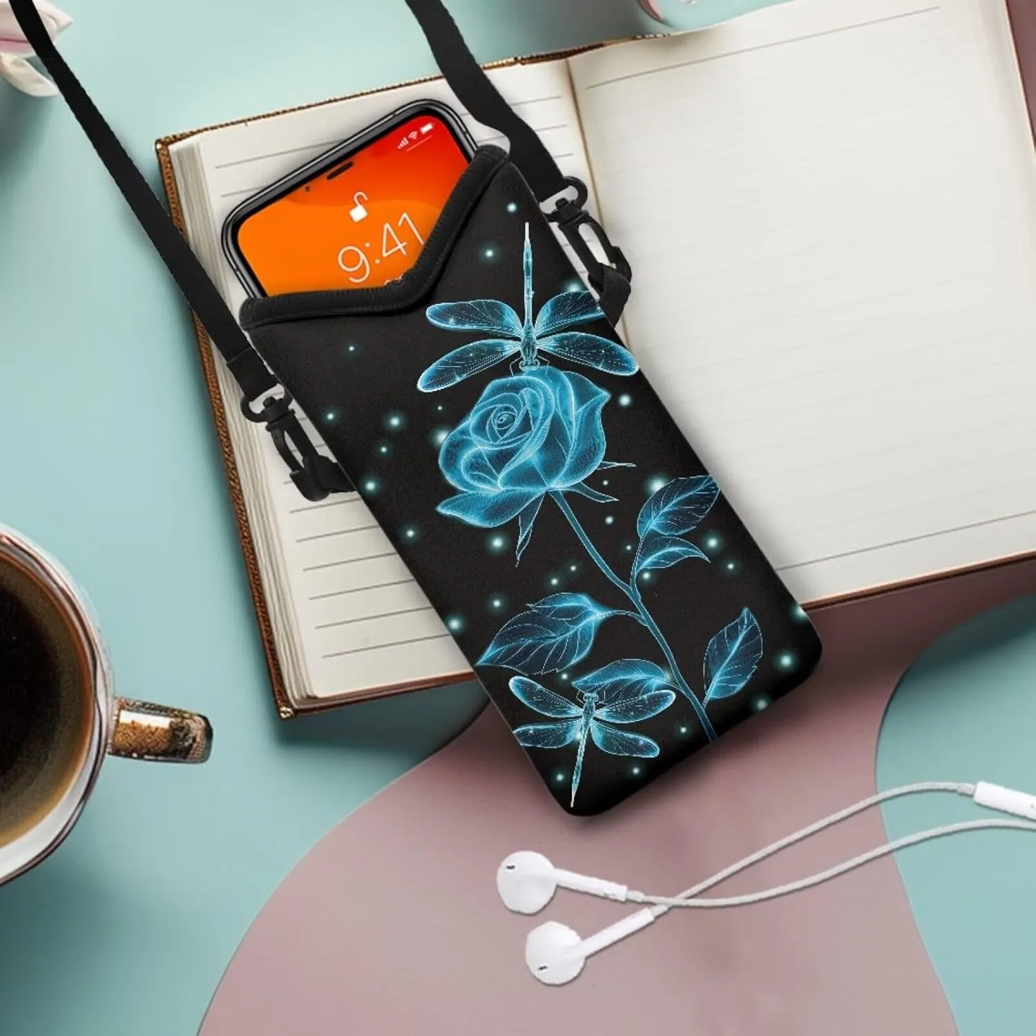Small Cell Phone Purse Crossbody Bags for Women Men Water-Resistant Neoprene Lightweight Phone Bag Case for Cellphone, Keys, Earphone, Cashes, 8 x 4 inch, Rose Dragonfly Black