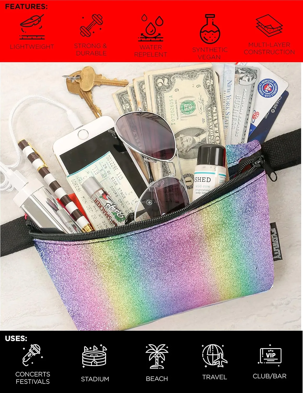 Small Fanny Packs for Women – 80s/90s Holographic Bum Bag – Unisex Retro Neon Crossbody Waist Belt Bag for Travel, Festivals, & Daily Use – Waist Belt Bag for Women | Dazzler Rainbow Glitter