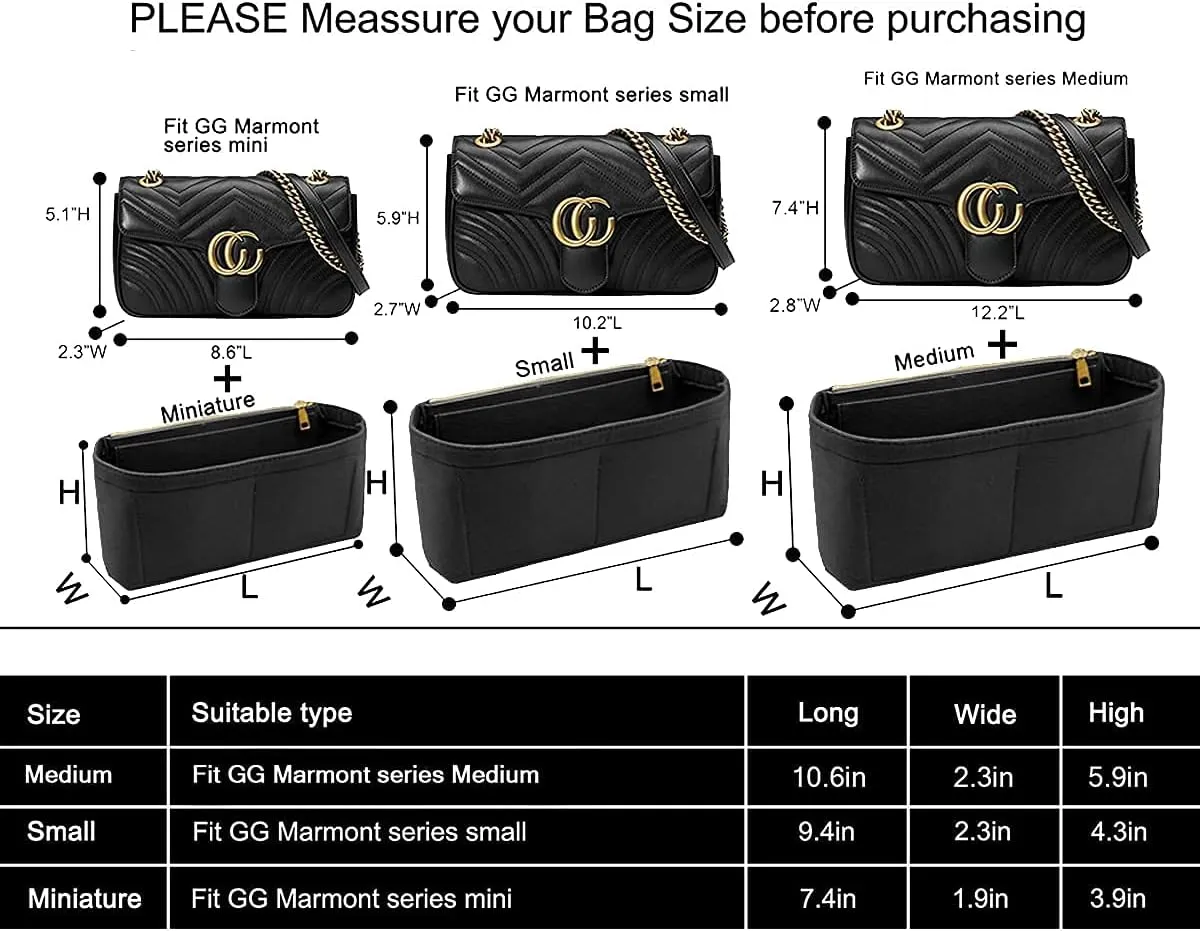 Small Handbag Shaper Insert for GG Marmont Matelasse Shoulder Bag(Pack of 2) Felt Insert Purse Organizer with Zipper- Buy 1 Get 1 Bag Free Small 8030 Black