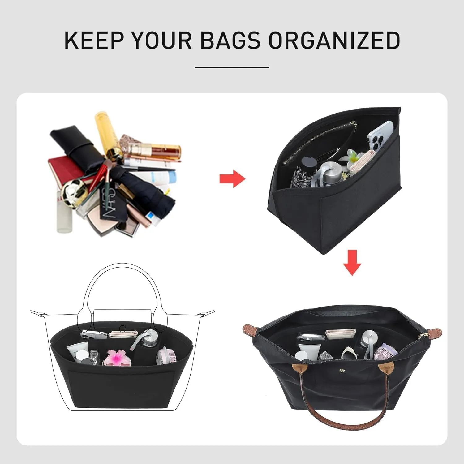 Small Purse Organizer Insert Compatible with Longchamp Le Pliage Small and More, Felt Zipper Handbag Organizer with Cup Holder, 7 Compartments Bag Insert(Black,S)
