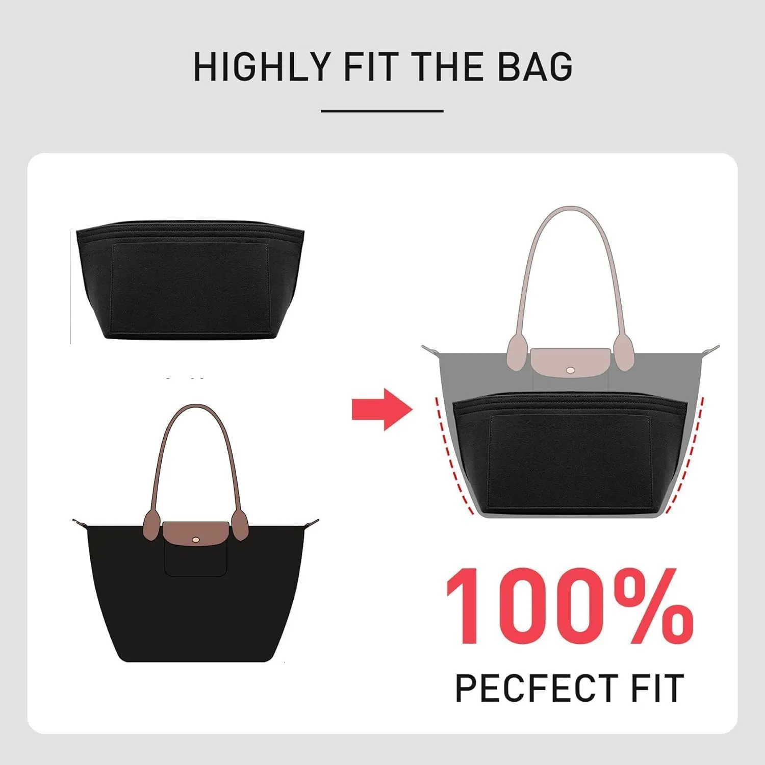 Small Purse Organizer Insert Compatible with Longchamp Le Pliage Small and More, Felt Zipper Handbag Organizer with Cup Holder, 7 Compartments Bag Insert(Black,S)