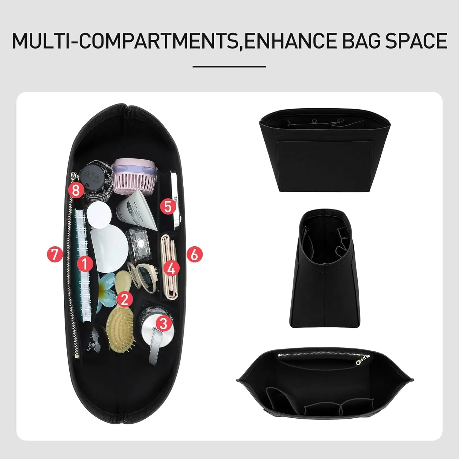 Small Purse Organizer Insert Compatible with Longchamp Le Pliage Small and More, Felt Zipper Handbag Organizer with Cup Holder, 7 Compartments Bag Insert(Black,S)