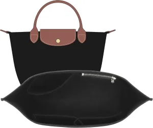 Small Purse Organizer Insert Compatible with Longchamp Le Pliage Small and More, Felt Zipper Handbag Organizer with Cup Holder, 7 Compartments Bag Insert(Black,S)