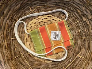 Small Satchel orange, rust and lime satin stripe with lime polka dot inside