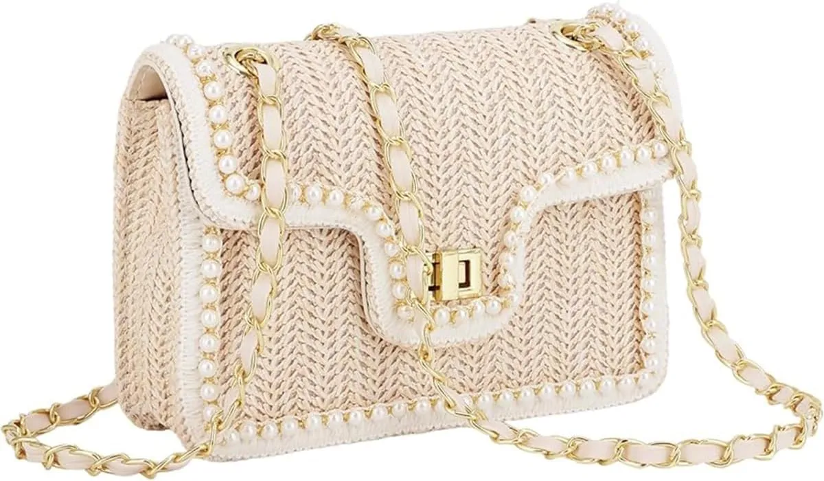 Small Women Straw Shoulder Bag, Summer Crossbody Bag Beach Purse with Pearls Decor for Vacation