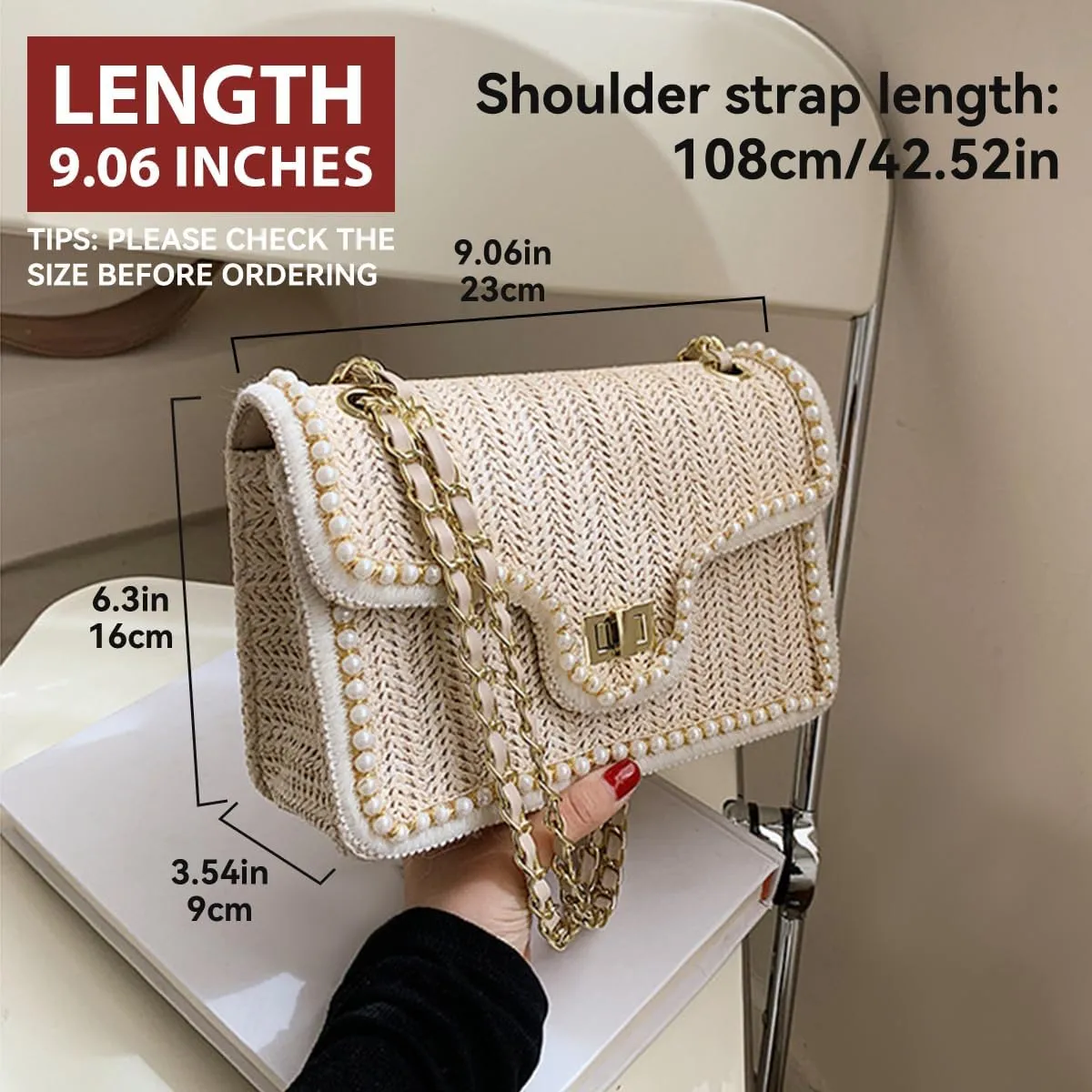 Small Women Straw Shoulder Bag, Summer Crossbody Bag Beach Purse with Pearls Decor for Vacation