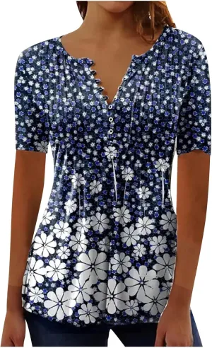SMIDOW Plus Size Tunic Tops for Women Trendy 2024 Boho Floral Shirts Short Sleeve Notch v Neck t-Shirt Graphic Tees Blouse
