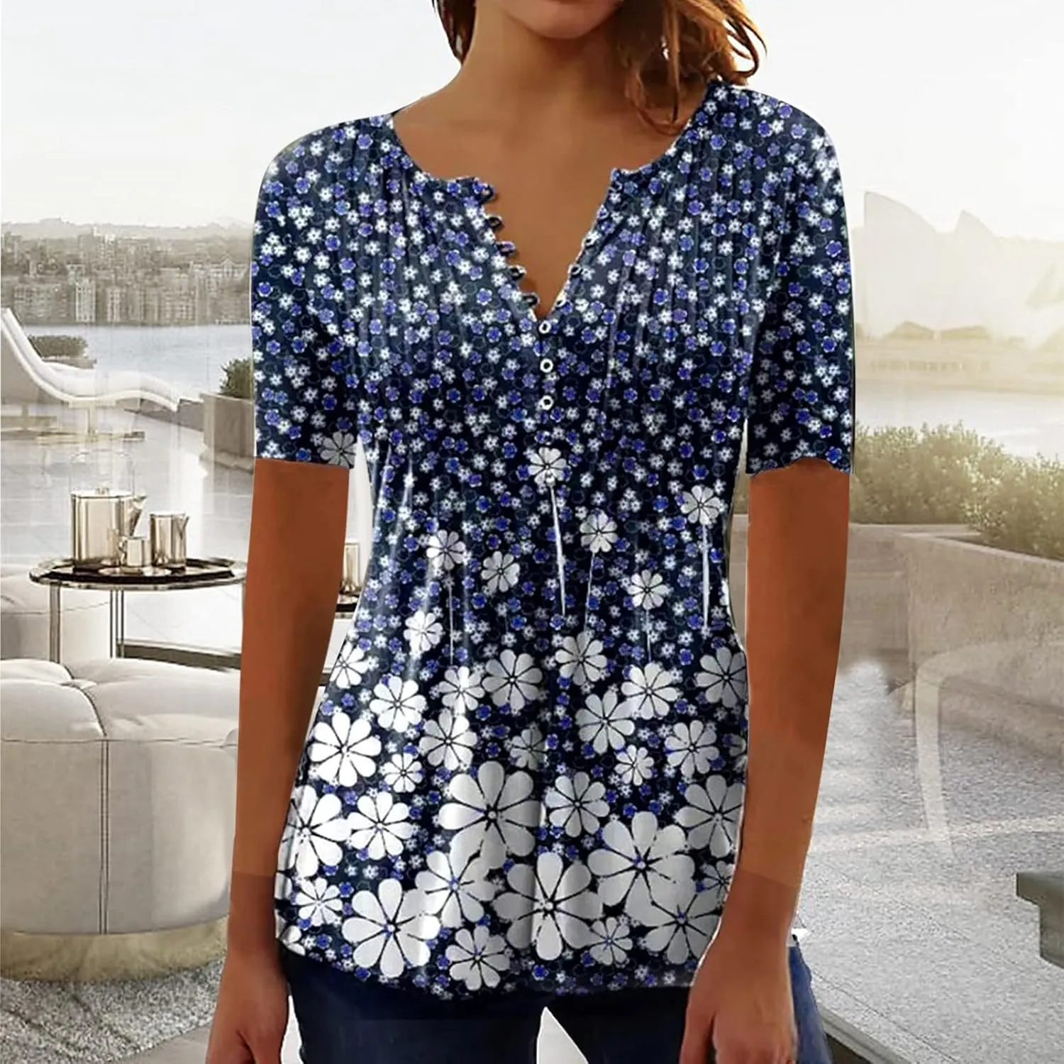 SMIDOW Plus Size Tunic Tops for Women Trendy 2024 Boho Floral Shirts Short Sleeve Notch v Neck t-Shirt Graphic Tees Blouse