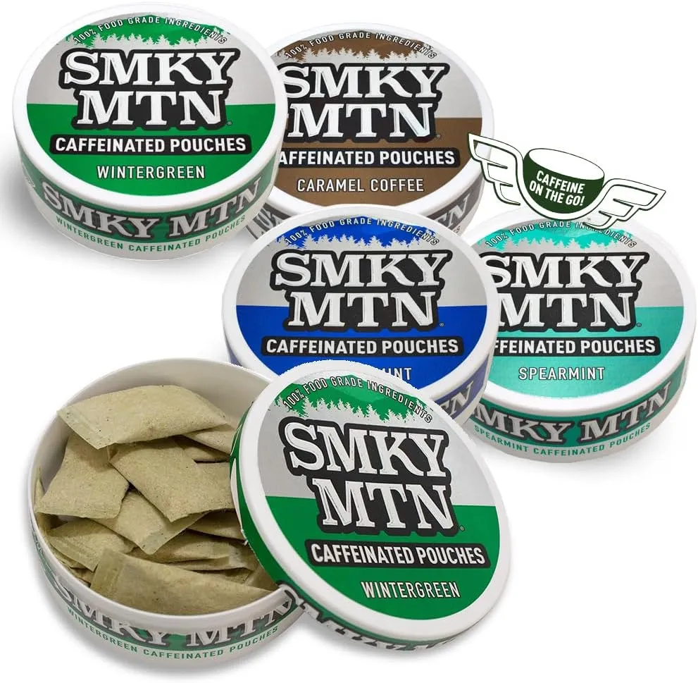 Smokey Mountain Caffeinated Pouches - 5 Can Sampler Pack - 2 Wintergreen and 1 Each of Arctic Mint, Spearmint and Caramel Coffee - 15 Pouches Per Can