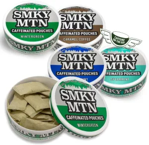 Smokey Mountain Caffeinated Pouches - 5 Can Sampler Pack - 2 Wintergreen and 1 Each of Arctic Mint, Spearmint and Caramel Coffee - 15 Pouches Per Can