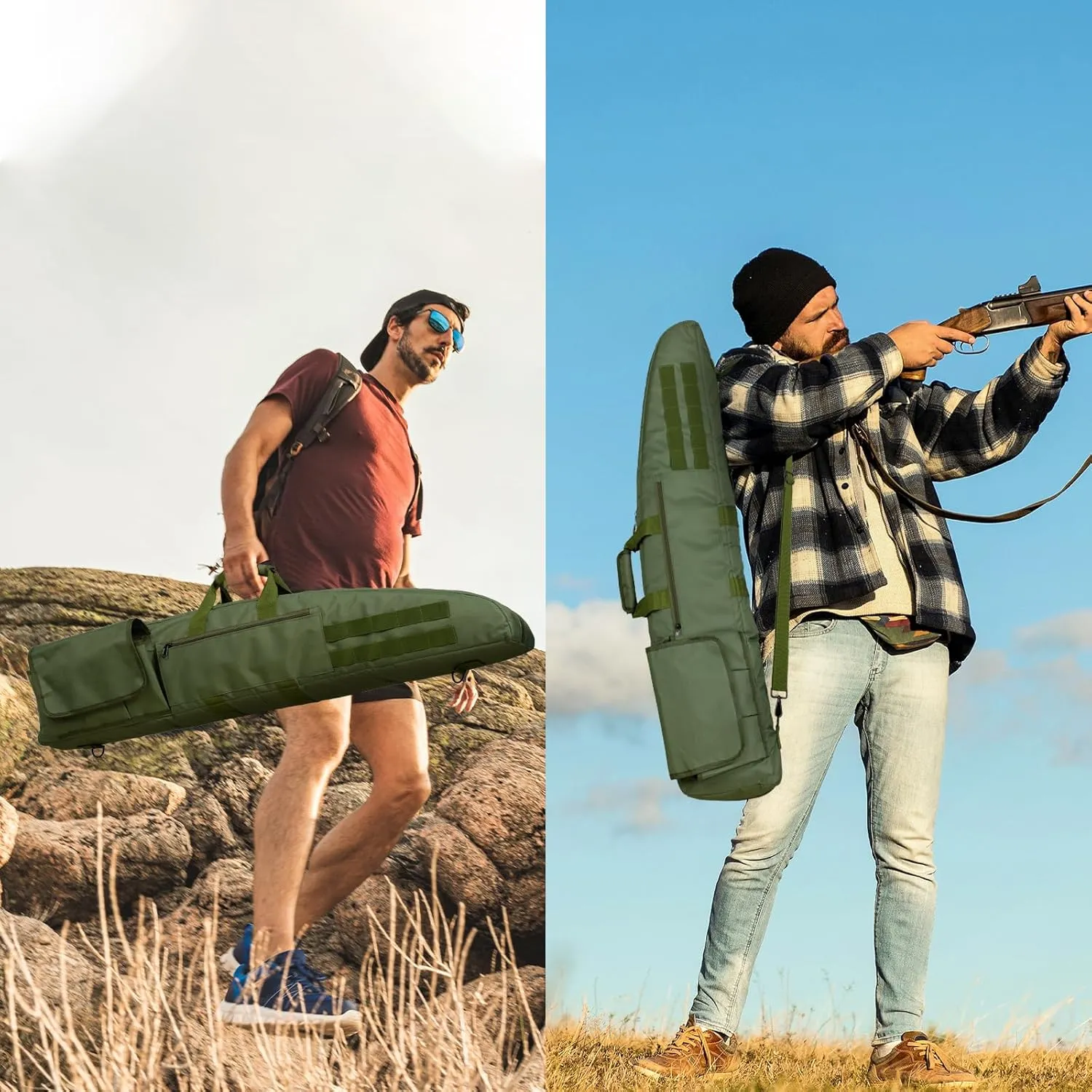 Soft Double Shotgun Rifle Case 38” 42” 44” 46" 52" Long Gun Bag w/Padded Handle - Adjustable Sling Dual Lockable Zippers, Multiple Magazine Holder Pouches Outdoor Tactical Accessory Bags