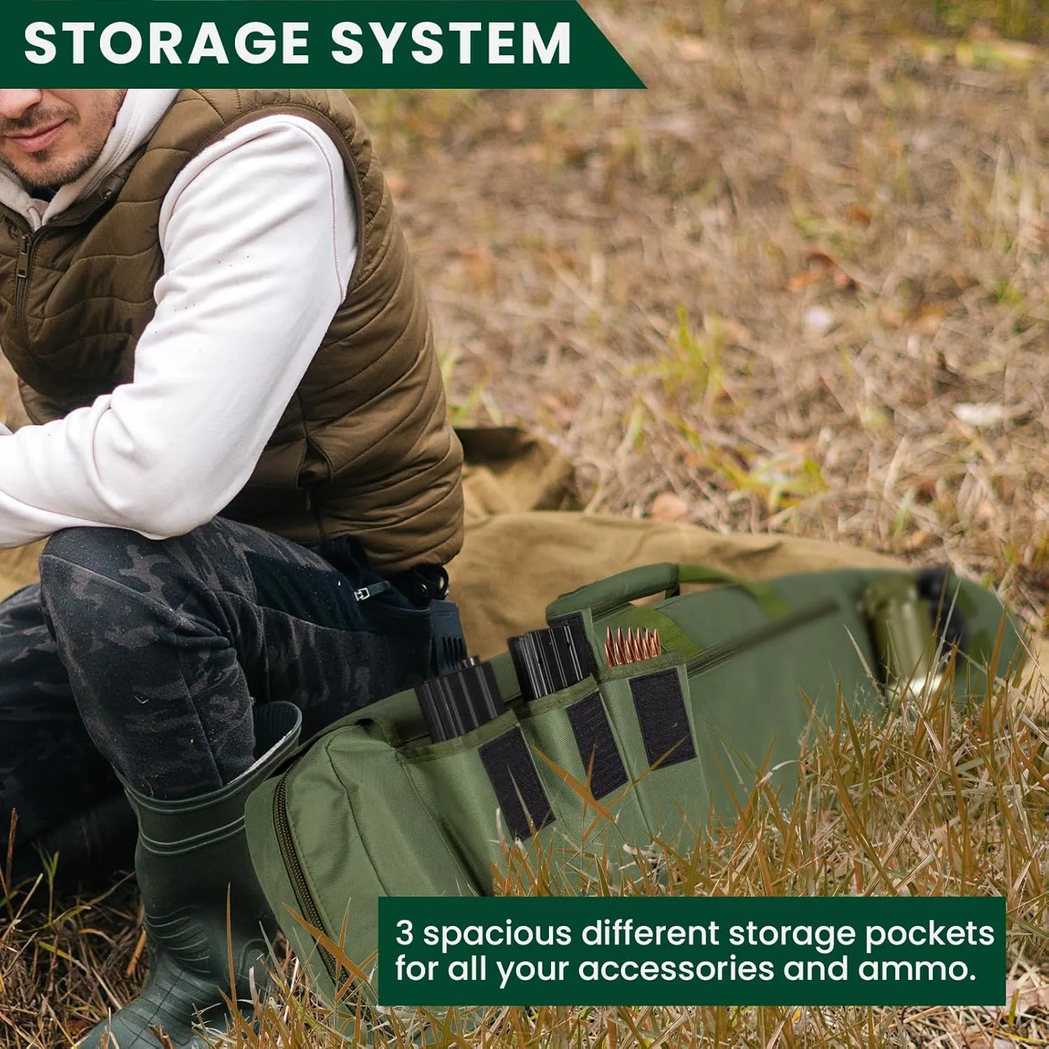 Soft Double Shotgun Rifle Case 38” 42” 44” 46" 52" Long Gun Bag w/Padded Handle - Adjustable Sling Dual Lockable Zippers, Multiple Magazine Holder Pouches Outdoor Tactical Accessory Bags