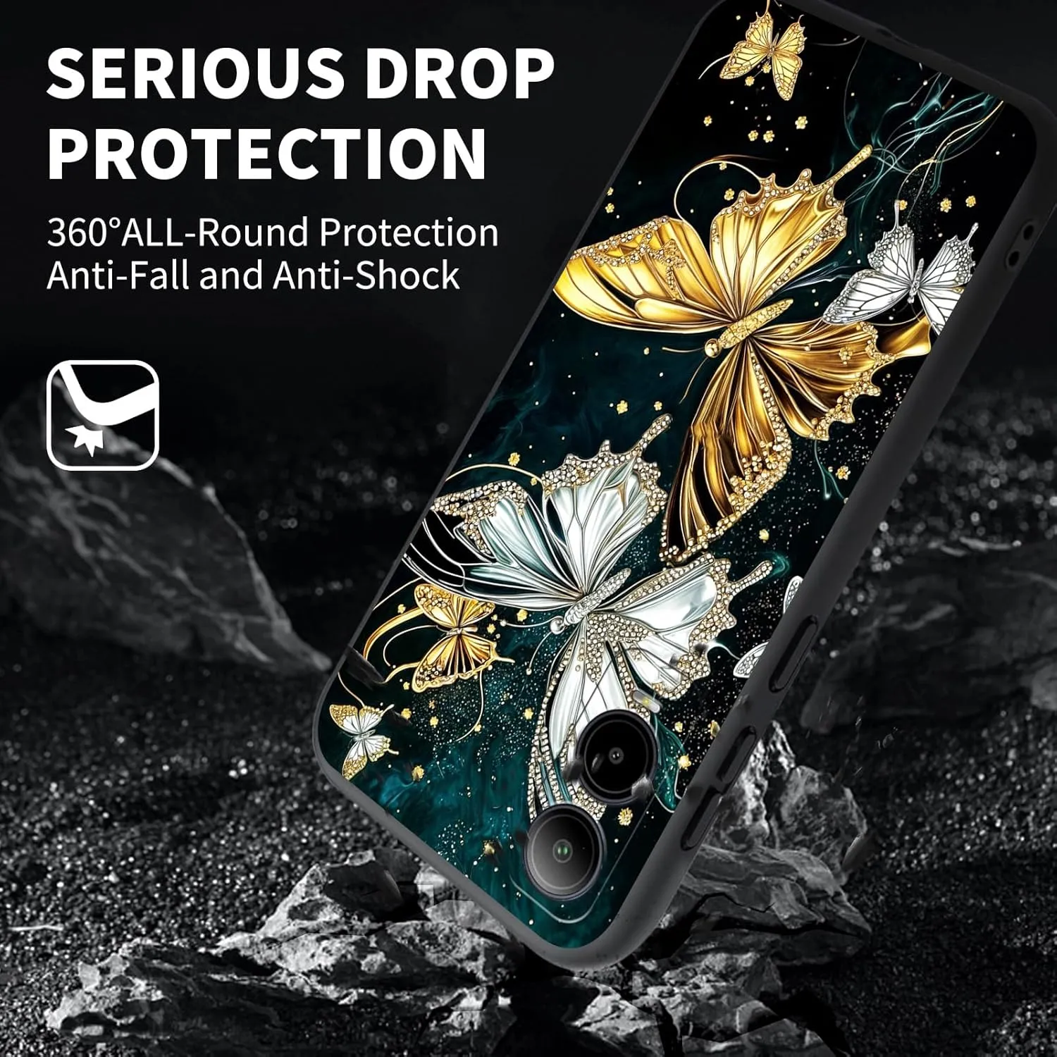 Soft TPU Phone Case for Cricket Icon 6, Slim Protective Cover with Kickstand, Drop Protection, Shock-Absorbing, Wireless Charging Compatible Case for Cricket Icon 6, Golden Butterfly