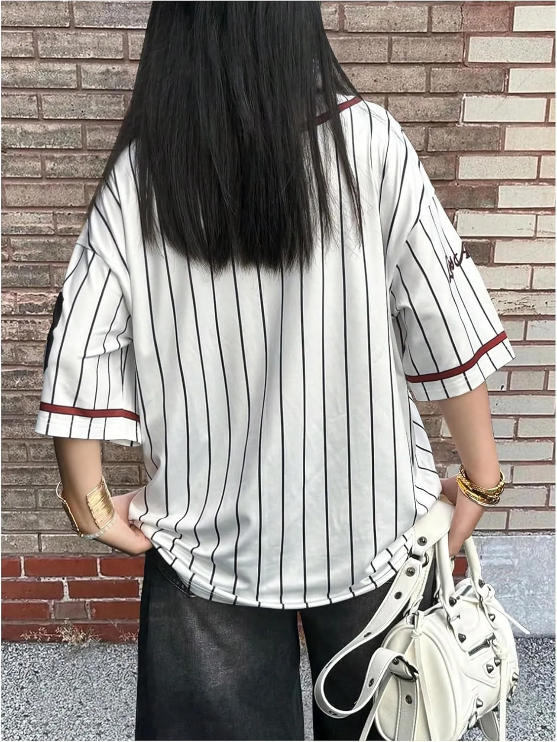 SOLY HUX Jersey Shirts for Women Y2k Oversized T Shirt Striped Number Graphic Tees V Neck Half Sleeve Streetwear Tops