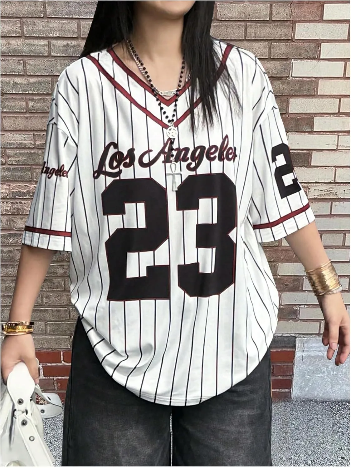 SOLY HUX Jersey Shirts for Women Y2k Oversized T Shirt Striped Number Graphic Tees V Neck Half Sleeve Streetwear Tops