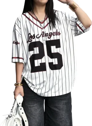 SOLY HUX Jersey Shirts for Women Y2k Oversized T Shirt Striped Number Graphic Tees V Neck Half Sleeve Streetwear Tops