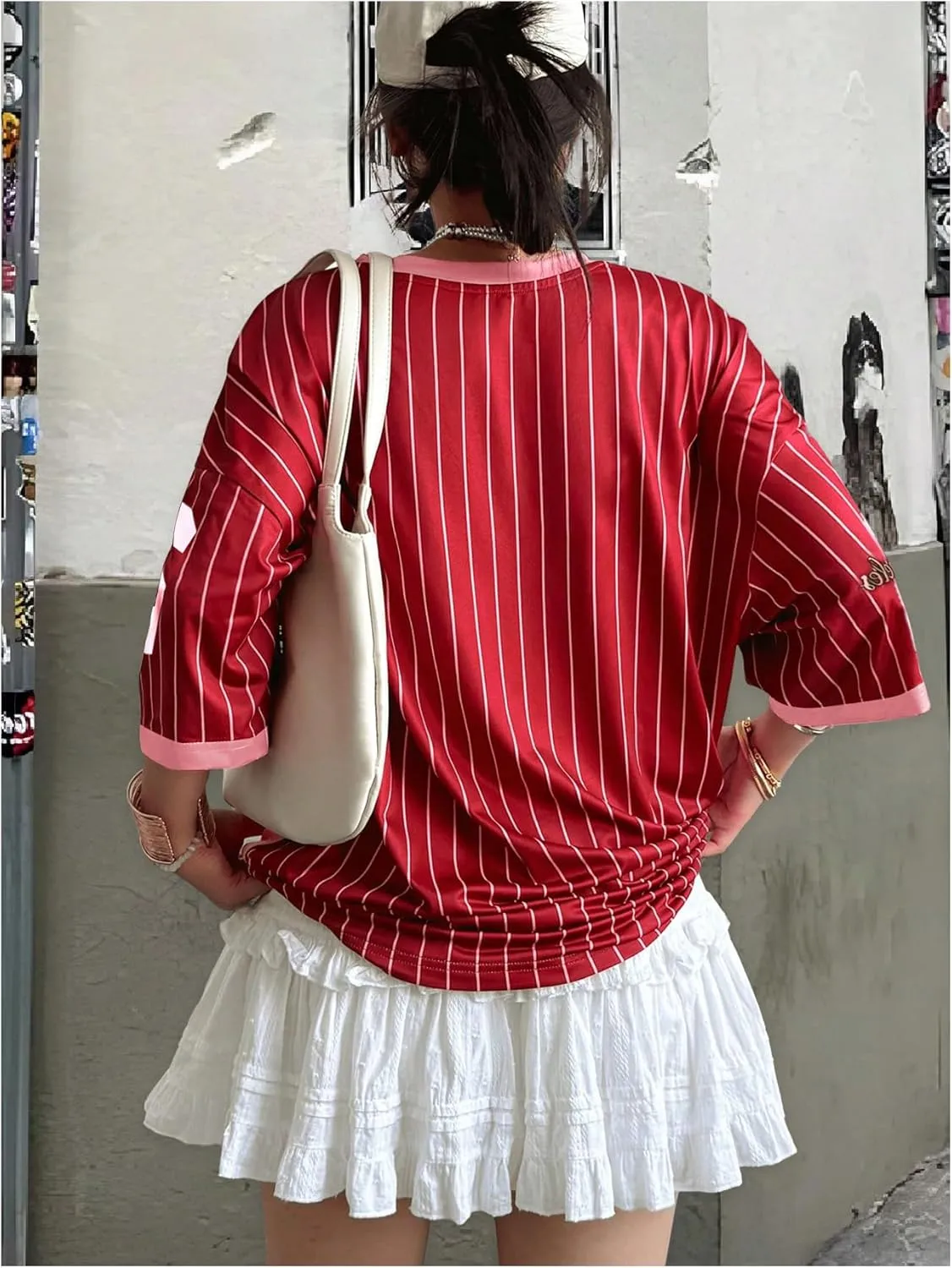 SOLY HUX Jersey Shirts for Women Y2k Oversized T Shirt Striped Number Graphic Tees V Neck Half Sleeve Streetwear Tops